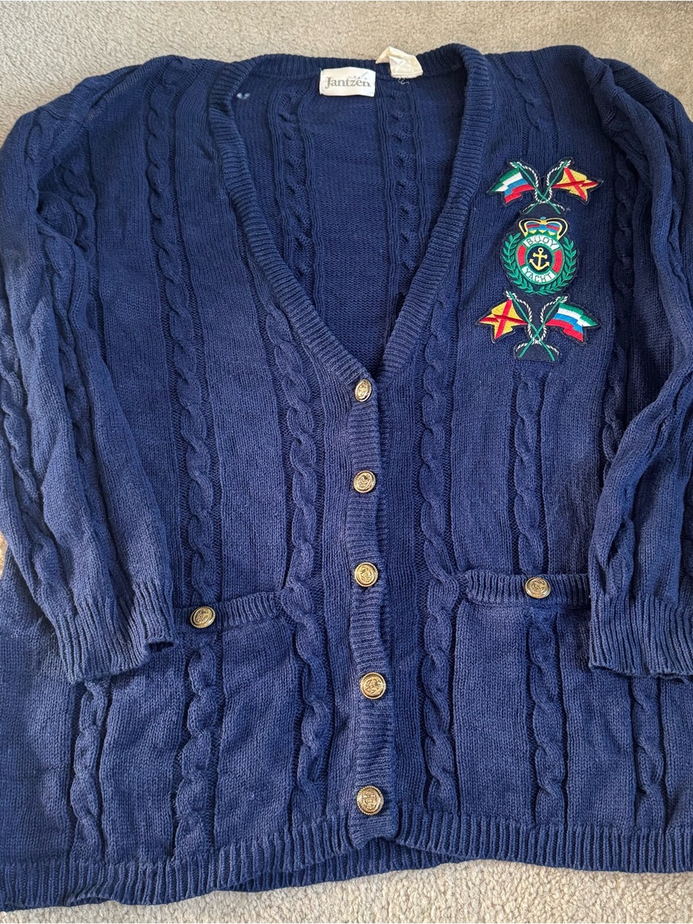Vintage Jantzen Navy Blue Cable Knit Cardigan Nautical Crest Yacht Flags Gold